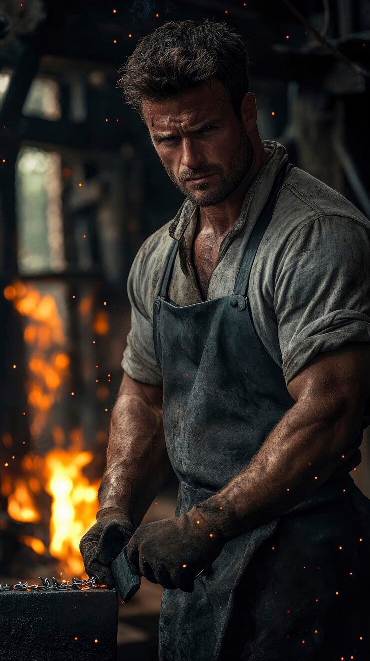 Blacksmith model looking male portrait in a dimly lit forge hammering hot metal on an anvil