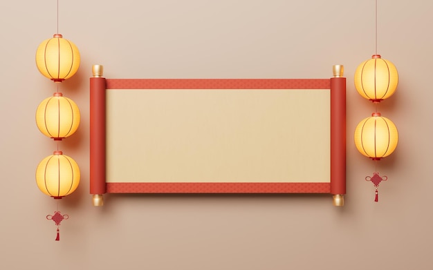 Blank cinese antico red reel banner e lanterne rendering 3D