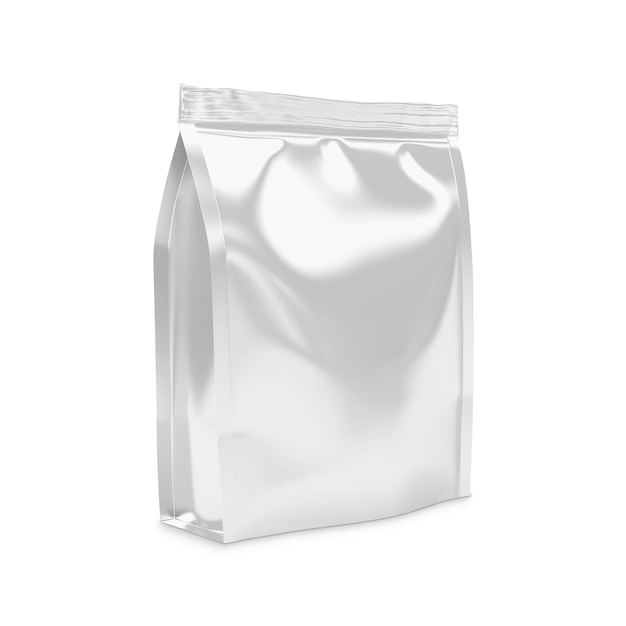 Blank Metallic White Pouch Up Package isolato su uno sfondo bianco