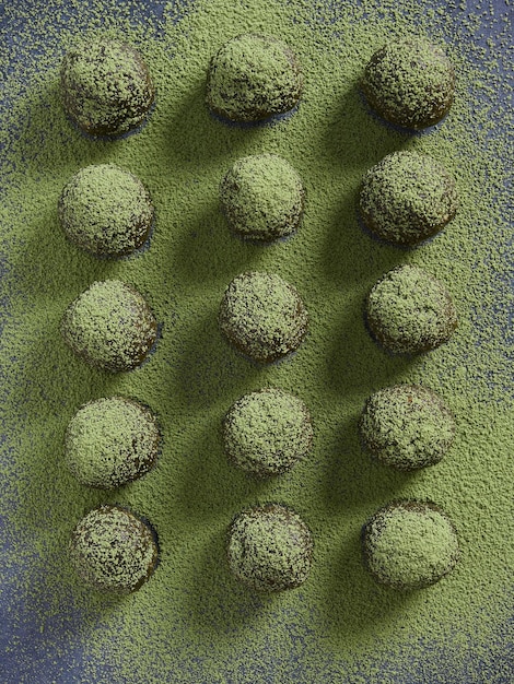 Bliss Balls o palline energetiche a base di datteri e noci cosparsi di tè verde matcha