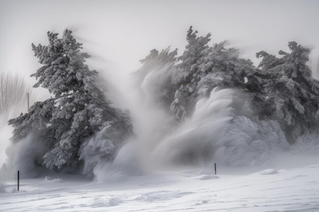 Blizzard di neve e ghiaccio turbinano nel vento ricoprendo tutto ciò che è stato creato con l'IA generativa