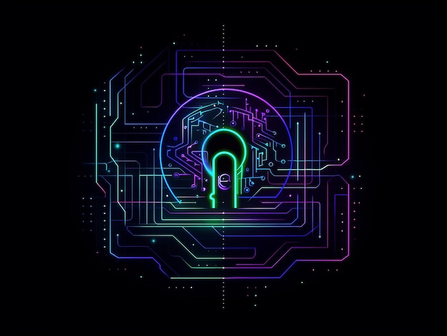 Blocca il concetto di sicurezza informatica illustrazione in stile neon astratto su sfondo nero IA generativa