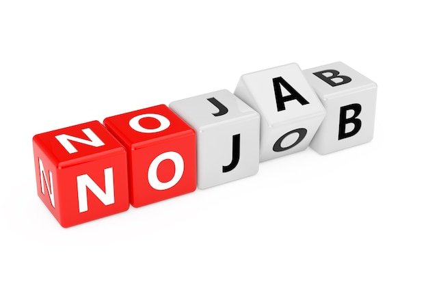 Blocchi cubo con la transizione da No Jab a No Job Word su sfondo bianco. Rendering 3D