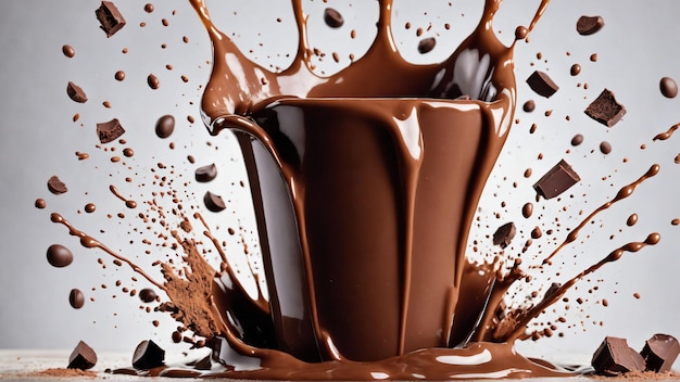 Blocchi di cioccolato che si tuffano in un'esplosione di cioccolato liquido Generato con l'intelligenza artificiale