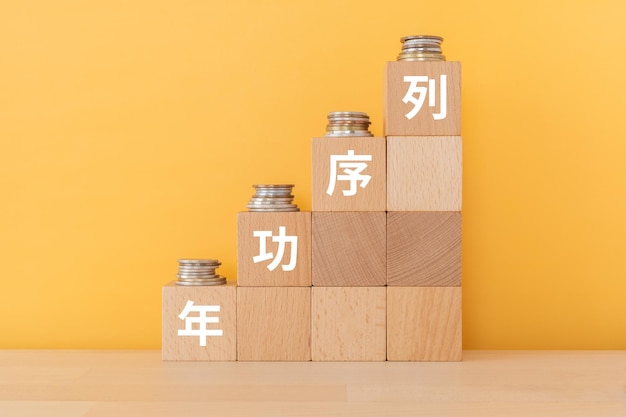 Blocchi di legno con testo Nenkojoretsu di concetto e monete