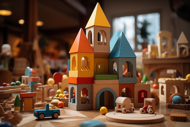 blocchi di legno per costruire case in una sala giochi per bambini e progettazione di idee