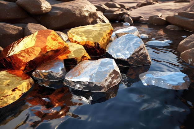 Blocchi di oro puro, argento e rame su un terreno roccioso con acqua che scorre minerali preziosi