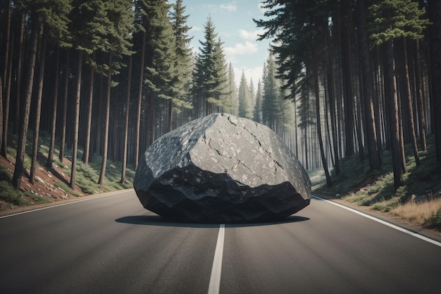 Blocchi di roccia su strada nella foresta IA generativa