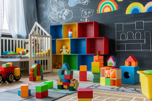 Blocchi educativi colorati nella sala giochi dei bambini con disegno d'interno prescolare a tavola