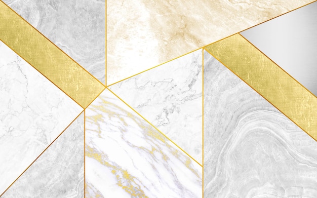 Blocchi geometrici di marmo e linee dorate compongono il motivo della parete artistica