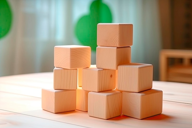 blocchi giocattolo di legno sul tavolo di legno nella stanza dei bambini