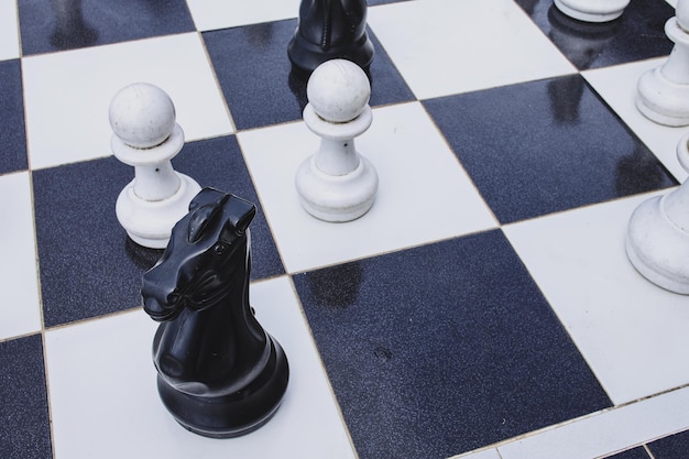 Blocco del cavallo degli scacchi da parte del pedone bianco nei giochi strategici e intellettuali Concetto di giochi di scacchi