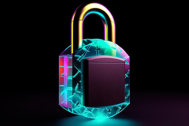 Blocco di sicurezza informatica al neon colorato ai generativo