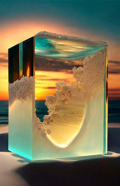 Blocco di vetro seduto sopra una spiaggia sabbiosa ai generativo