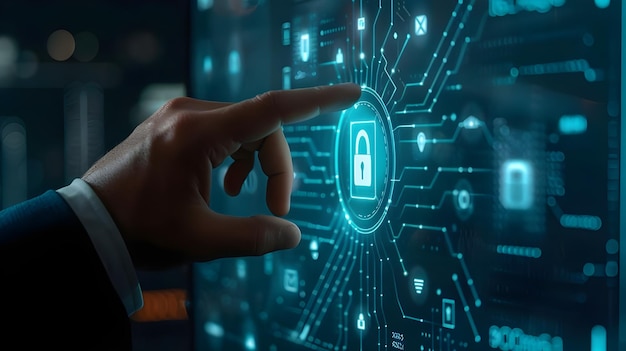 Blocco digitale per la sicurezza dei dati su una scheda a circuiti futuristica