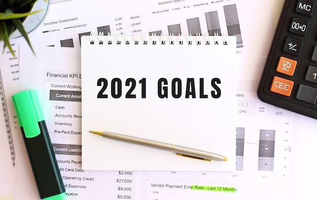 Blocco note con testo 2021 OBIETTIVI su uno sfondo bianco, vicino a pennarello, calcolatrice e forniture per ufficio.