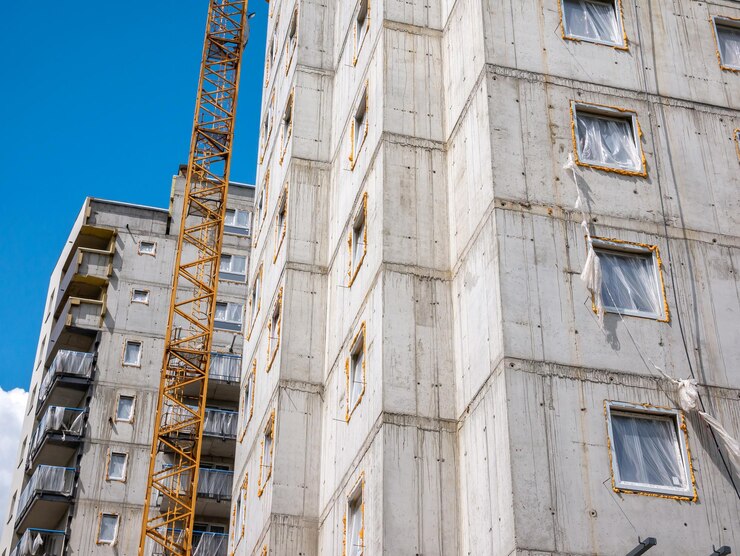 Blocco residenziale a più piani in costruzione con pareti in cemento a vista e una gru gialla accanto a esso Industria dello sviluppo abitativo nuovo mercato imprenditoriale immobiliare abstract concept news shot