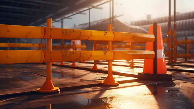 Blocco stradale urbano con coni di traffico arancione e barriera durante il concetto di costruzione della città al tramonto