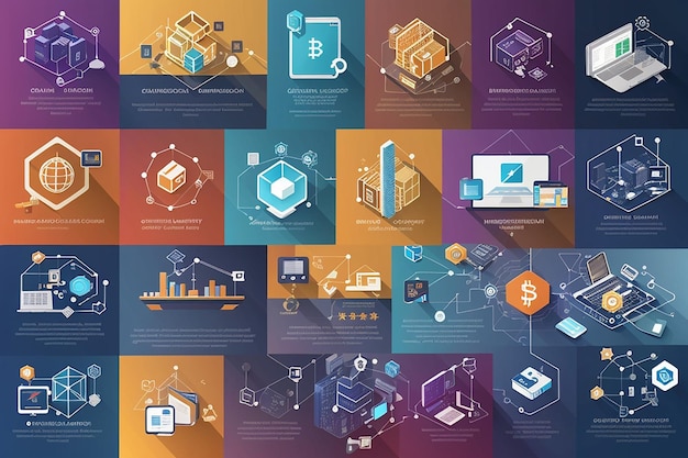 Blockchain Applications Collage Una vetrina della gestione della catena di approvvigionamento della rappresentazione delle criptovalute e dei diversi usi della tecnologia versatile