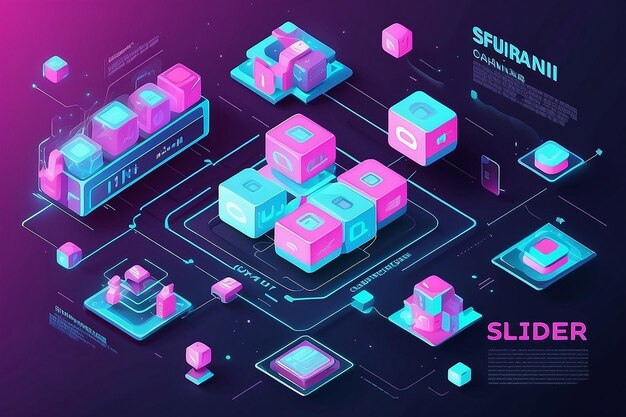 Blockchain concept slider banner design con illustrazione di catena di blocchi isometrici e illustrazione vettoriale di testo