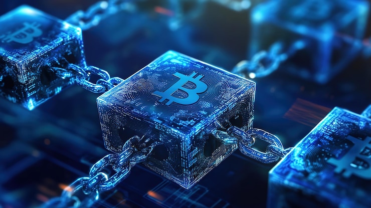 Photo blockchain technology concept cubes linked by chains showcasing digital currency