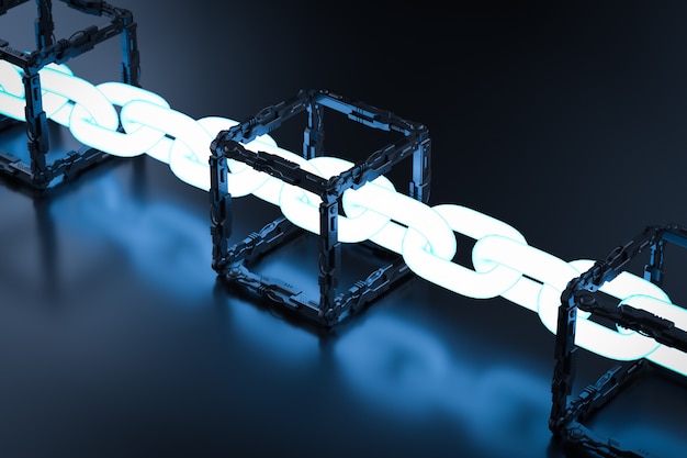 blockchain technology concept with 3d rendering blocks connect with shiny chain