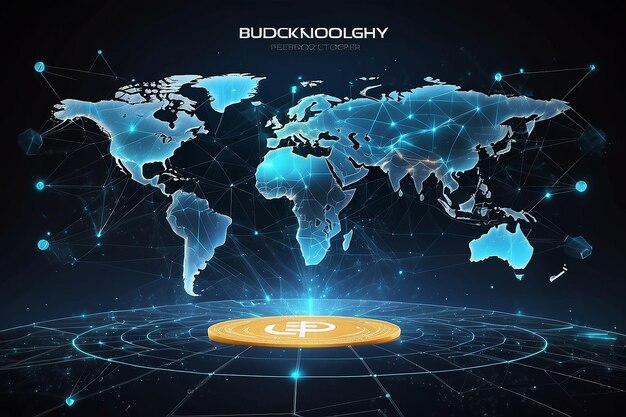 Blockchain tecnologia futuristica hud sfondo con mappa del mondo e blockchain peer to peer network Global cryptocurrency blockchain business banner concept