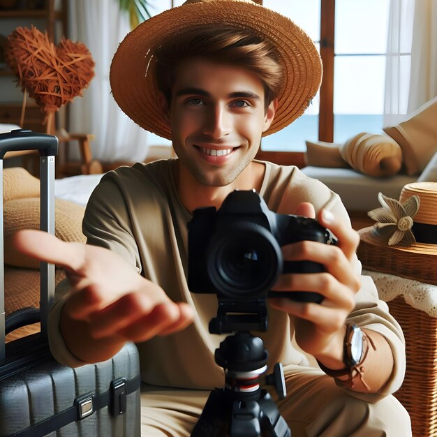 Blogger di viaggi che registra il vlog di viaggio sulla telecamera giovane ragazzo bello con un cappello di paglia