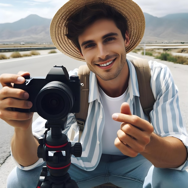 Blogger di viaggi che registra il vlog di viaggio sulla telecamera giovane ragazzo bello con un cappello di paglia