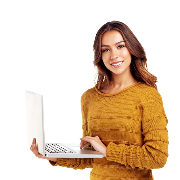 Blogging can help you in so many ways Studio shot of a young woman holding her laptop against a white background