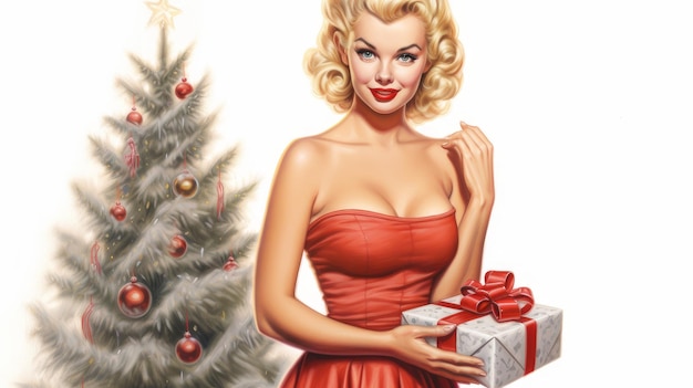 Blonde in stile pinup con un regalo di Natale.