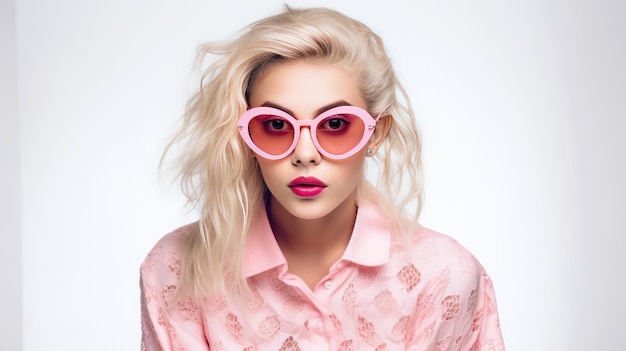 Blondie ragazza con gli occhiali rosa