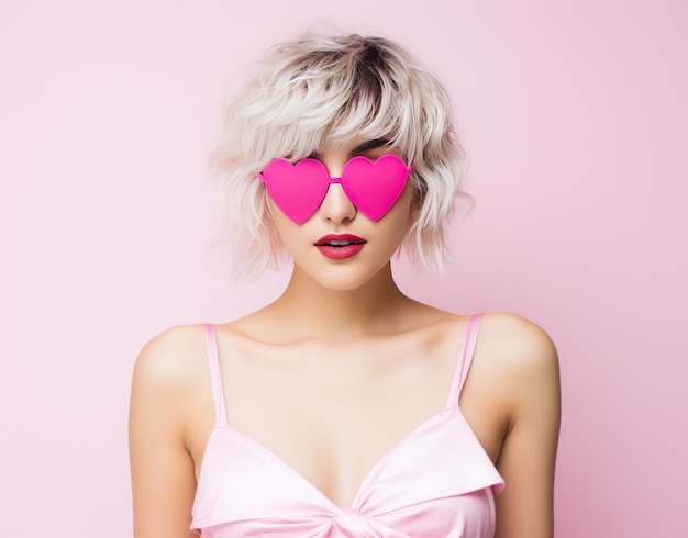 Blondie ragazza con gli occhiali rosa