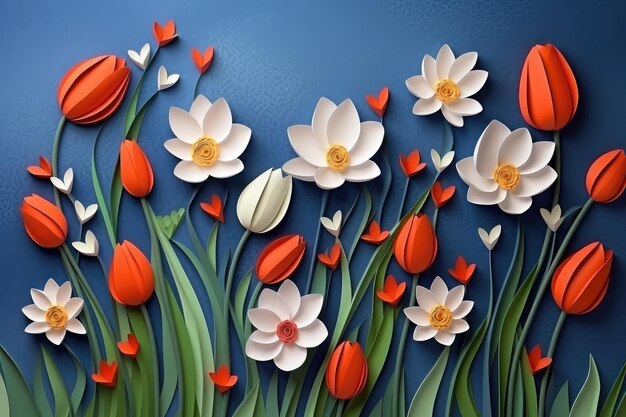 Blossom Elegance Stylized Paper Art Tulipani e margherite IA generativa