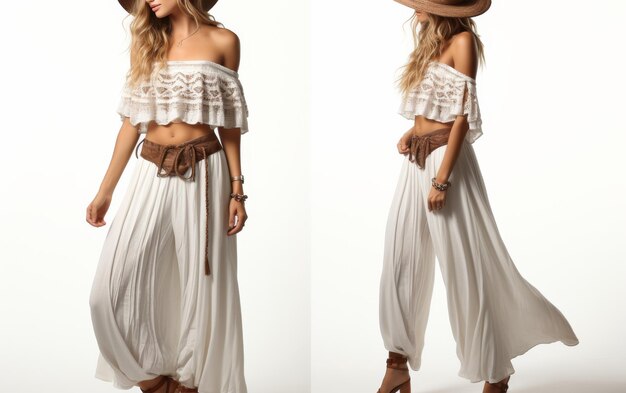 Blouse BohoChic OffShoulder con pantaloni WideLeg Ensemble su sfondo bianco