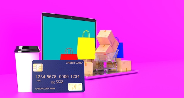 Blu carta di credito tazza di caffè borsa rosso giallo scatola negozio negozio computer notebook portatile tablet pagamento denaro internet applicazione online smartphone tecnologia e-commerce digitale business website3d rendering