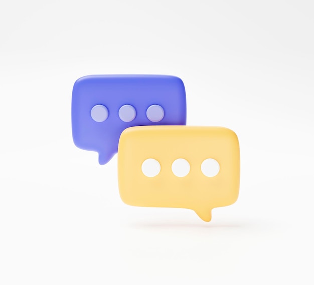 Blu e giallo carino chat bolle messaggio messaggio icona social media segno o simbolo su sfondo bianco 3d illustrazione