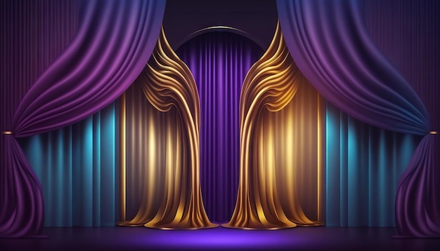 Blu porpora Golden Curtain Stage Award Trofeo di sfondo su Red Carpet Luxury Background Generativo ai