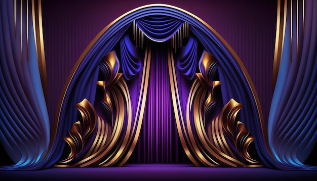 Blu porpora Golden Curtain Stage Award Trofeo di sfondo su Red Carpet Luxury Background Generativo ai
