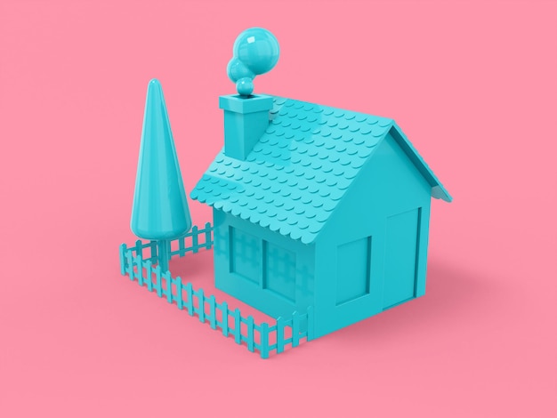 Blu un colore casa paesaggio rurale recinzione albero giardino su sfondo piatto rosa oggetto di design minimalista 3d rendering icona elemento interfaccia ui ux