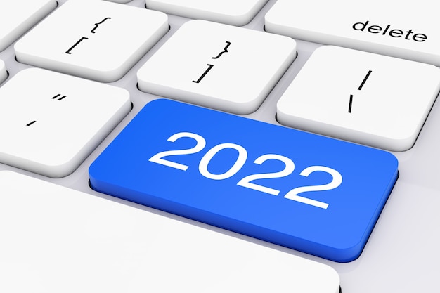 Blue 2022 New Year Key on White PC Keyboard extreme closeup. 3d Rendering