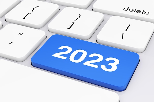 Blue 2023 New Year Key on White PC Keyboard 3d Rendering