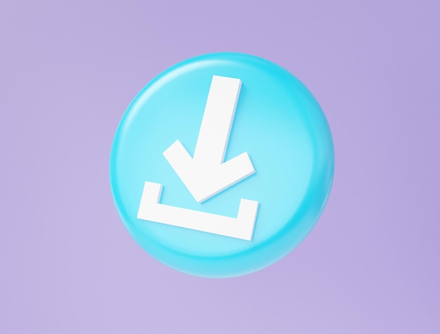 Blue download icon floating on purple background Load internet data transfer docoment file to server via computer or smartphone storage database Minimal cartoon style backup information 3d render