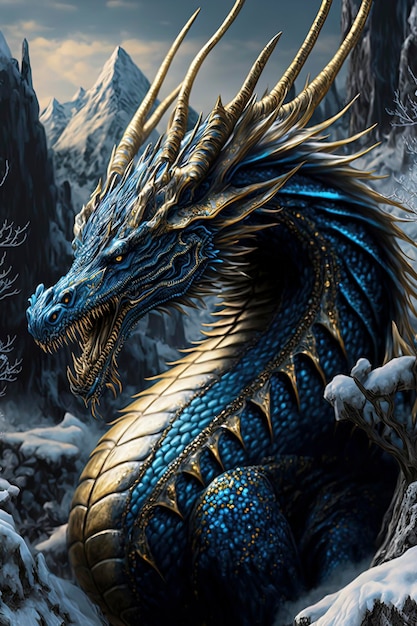 Blue Dragon nella neve AIGenerato