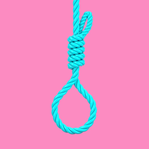 Blue Gallows Hanging Noose Rope legato nodo in stile bicolore su uno sfondo rosa. Rendering 3D