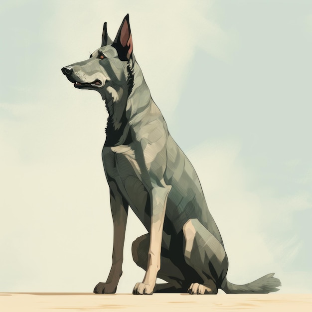 Blue German Shepherd Concept Art Personaggi semplicistici in un paesaggio di colori tenui