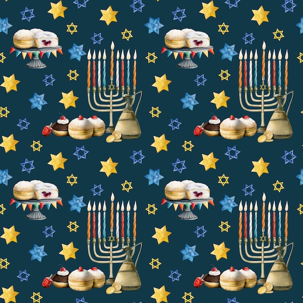 Blue Hanukkah modello menorah candele ciambelle stelle David Colorato acquerello realistico illustrazione