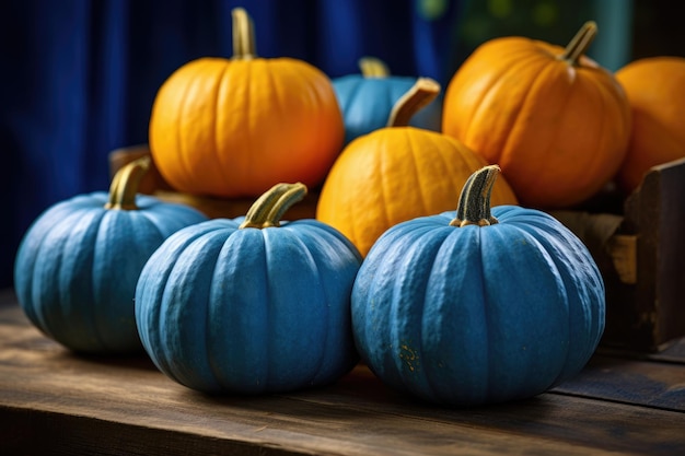 Blue Harvest varietà colorata di zucche e zucca su fondo di legno