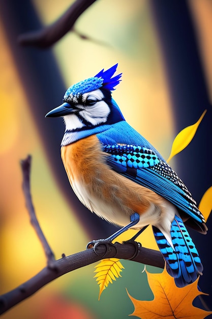 Blue Jay su un ramo in autunno in un parco o in una foresta Abstract wildlife background 3d illustration