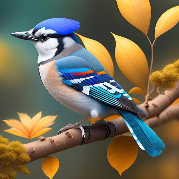 Blue Jay su un ramo in autunno parco o foresta Illustrazione 3d dello sfondo astratto della fauna selvatica